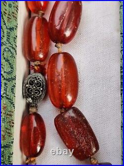 Exquisite Old Natural Amber Necklace Cognac Tone Chinese Export Silver Clasp