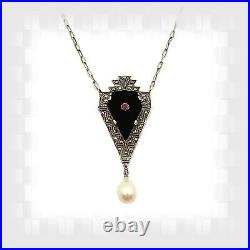 Extraordinary Vintage marcasite Art Deco Onyx & Ruby & Pearl necklace 230204c