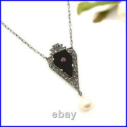 Extraordinary Vintage marcasite Art Deco Onyx & Ruby & Pearl necklace 230204c