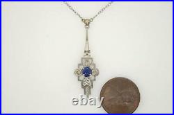 FAB ANTIQUE ART DECO 9K WHITE GOLD DIAMOND SAPPHIRE PENDANT CHAIN NECKLACE c1920