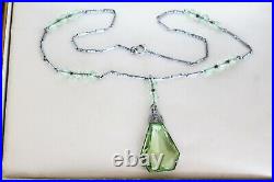 FABULOUS ART DECO Rhodium Plated silver Green Paste Y Necklace