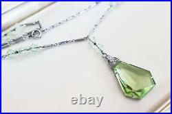 FABULOUS ART DECO Rhodium Plated silver Green Paste Y Necklace