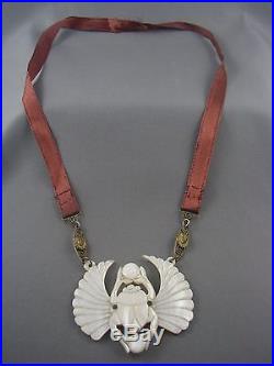 FINEST! 1920s ART DECO Egyptian Revival Carved MOP SCARAB Necklace Pharaoh Links