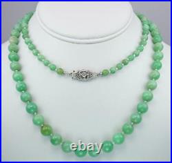 Fab Antique Art Deco 33'' 10K Gold Diamond Mint Green Jadeite Jade Bead Necklace