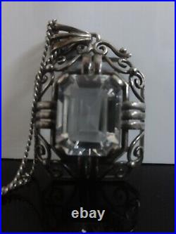 Fab Art Deco Large 835 Silver Pendant Superb Clear Crystal on 925 S Silver Chain