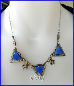 Fabulous ART DECO Blue Triangular Glass & Marcasite Silver Metal Necklace 42cm