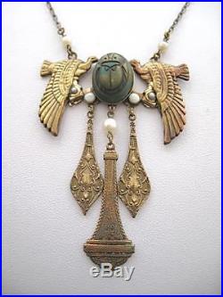 Fabulous Art Deco Egyptian Revival Pearl, Opal & Glass Scarab Necklace
