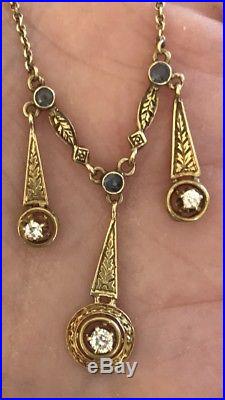 Fine Art Deco 14k Yellow Gold Diamond, Sapphire Dangle Choker Necklace
