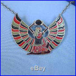 Fine Enamel Sterling Silver Egyptian Revival Necklace / Art Deco Pendant
