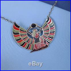 Fine Enamel Sterling Silver Egyptian Revival Necklace / Art Deco Pendant