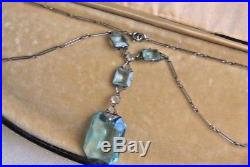 Fine Vintage Art Deco Platinon Aquamarine Paste Glass Drop Pendant Necklace
