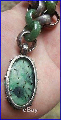 Fine vintage CHUNKY art deco Chinese carved jade sterling silver rings necklace