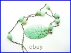 Finely Carved Art Deco 1930's Jadeite Plaque and Bead Necklace