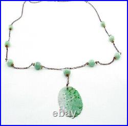 Finely Carved Art Deco 1930's Jadeite Plaque and Bead Necklace