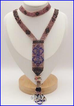 Flapper Beaded Sautoir Necklace 1920s Seed Bead Art Deco Rose Blue Black Antique