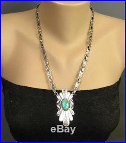 Fred Harvey Navajo Sterling Turquoise Art Deco Pendant Hand Made Chain Necklace