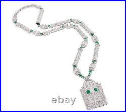 French Art Deco Pendant With Multi Shape CZ & Green Emerald 48.65TCW Necklace