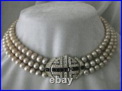 French Vintage Art Deco Paste & Glass Pearls Triple Strand Necklace