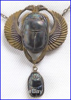 French c. 1920 Art Deco Iridescent Glass Scarab Egyptian Revival Necklace