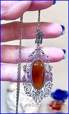 GORGEOUS Antique Art Deco Italian. 800 Silver & Carnelian Filigree Necklace