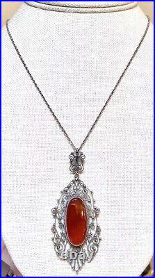 GORGEOUS Antique Art Deco Italian. 800 Silver & Carnelian Filigree Necklace