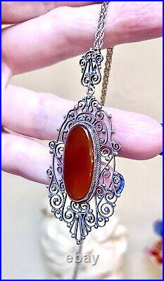 GORGEOUS Antique Art Deco Italian. 800 Silver & Carnelian Filigree Necklace