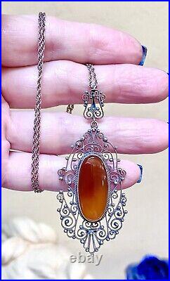 GORGEOUS Antique Art Deco Italian. 800 Silver & Carnelian Filigree Necklace