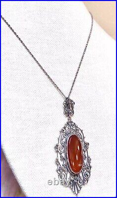 GORGEOUS Antique Art Deco Italian. 800 Silver & Carnelian Filigree Necklace