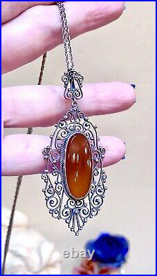 GORGEOUS Antique Art Deco Italian. 800 Silver & Carnelian Filigree Necklace