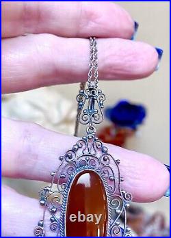 GORGEOUS Antique Art Deco Italian. 800 Silver & Carnelian Filigree Necklace