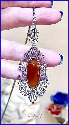 GORGEOUS Antique Art Deco Italian. 800 Silver & Carnelian Filigree Necklace