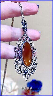 GORGEOUS Antique Art Deco Italian. 800 Silver & Carnelian Filigree Necklace