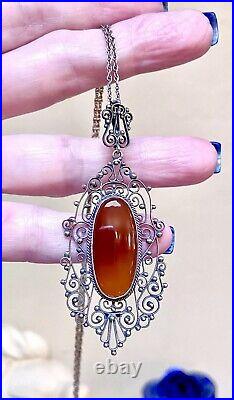 GORGEOUS Antique Art Deco Italian. 800 Silver & Carnelian Filigree Necklace