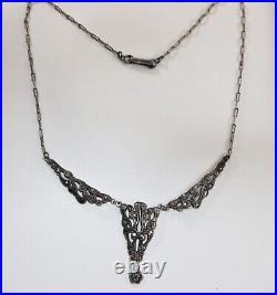 Genuine 1920s Art Deco Sterling Silver Marcasite Y drop Paperclip Necklace 14