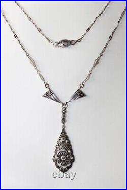 Genuine 1920s Art Deco Sterling Silver Marcasite Y drop Paperclip Necklace 16