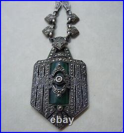 Gorgeous ART DECO Chrysoprase & Marcasite Necklace Beautiful Patina