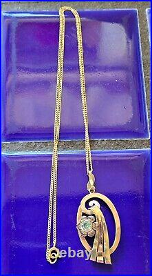 Gorgeous Art Deco Esemco Blue Zircon 10k Bicolor Rose Yellow Gold Necklace