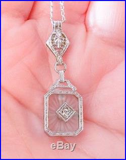 Gorgeous Art Deco Sterling Silver Camphor Glass Pendant Necklace