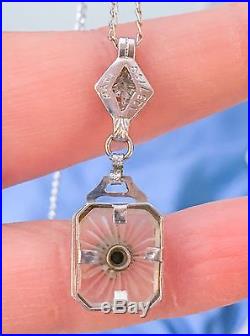 Gorgeous Art Deco Sterling Silver Camphor Glass Pendant Necklace