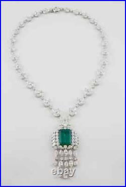 Gorgeous Colombian Green 21.58CT Emerald & Vivid White CZ Art Deco Fine Necklace