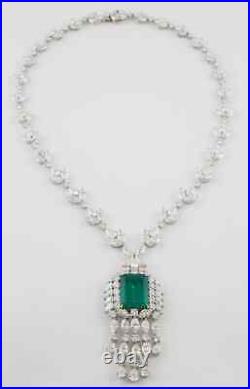 Gorgeous Colombian Green 21.58CT Emerald & Vivid White CZ Art Deco Fine Necklace
