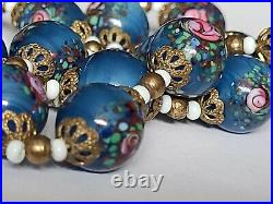 Gorgeous Murano Art Deco Blue Glass Necklace With Roses