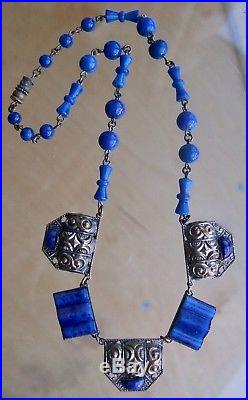 Gorgeous, Stylish Vintage Neiger Blue Glass & Metal Link Art Deco Necklace