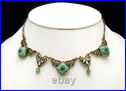 Gorgeous Vintage Art Deco Nouveau Era Necklace Peking Glass Enamel Foliate Brass