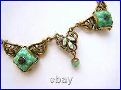 Gorgeous Vintage Art Deco Nouveau Era Necklace Peking Glass Enamel Foliate Brass