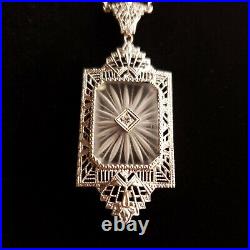 Gorgeous Vtg Art Deco 14K White Gold Diamond Camphor Glass Filigree Necklace