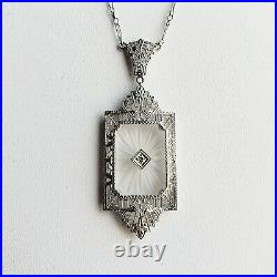Gorgeous Vtg Art Deco 14K White Gold Diamond Camphor Glass Filigree Necklace