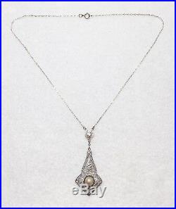 Gorgeous Wedding Art Deco Sterling Silver Pearl & Faux Diamond Pendant Necklace