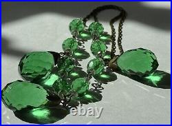 Green Crystal Faceted Glass 3 Briolette Drop Necklace Vintage Art Deco 16-1/2