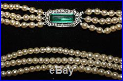 Green & white paste set diamante silver clasp 3 strand vintage pearl necklace
